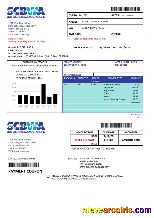 USA Pennsylvania SCBWA water utility bill